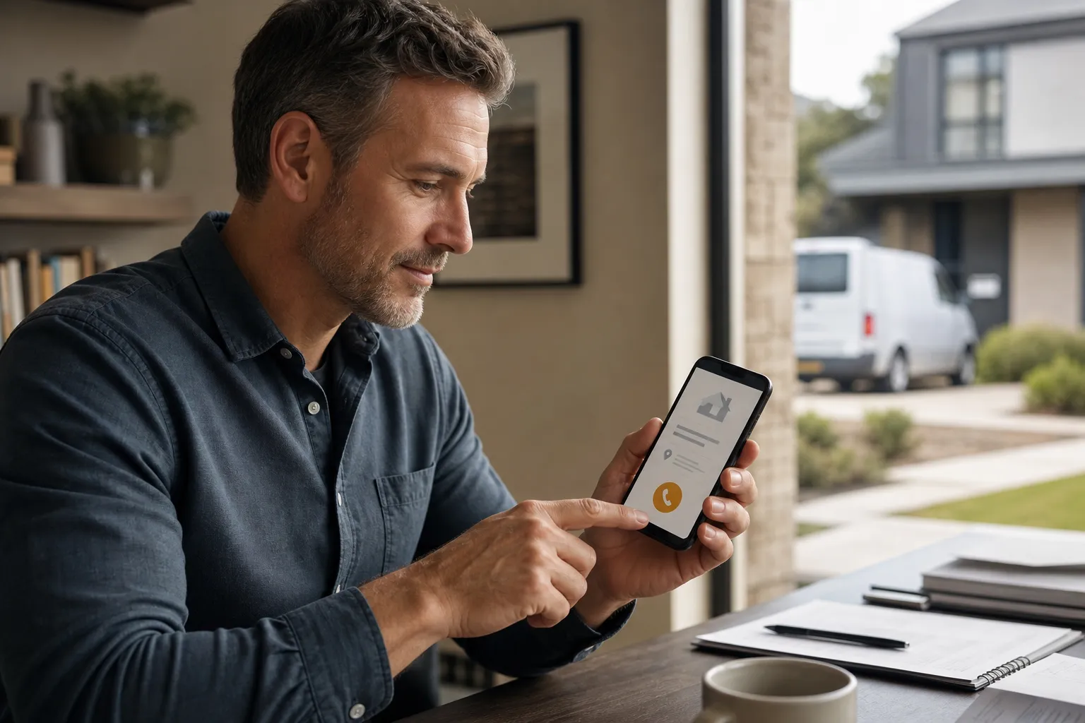 Property manager reviewing a contractor's service and contact details on a smartphone